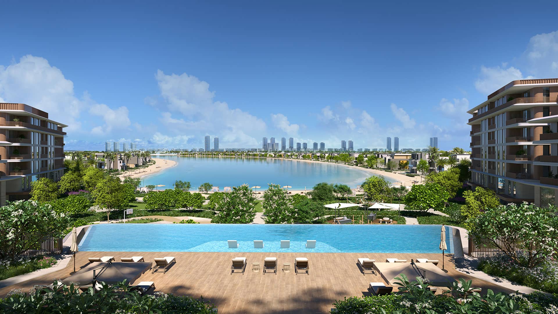 The buildings seen from the beach across the lagoon